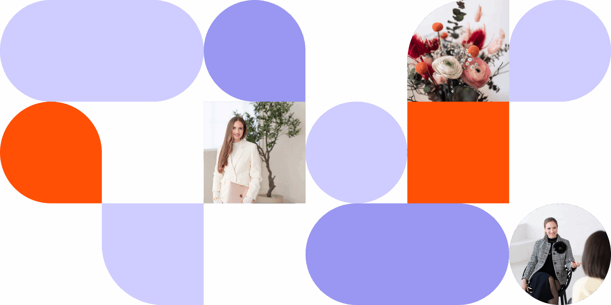 Collage mit abstrakten Formen, einem Blumenstrauß und einem Foto von Theresa Vormbaum